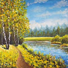 Original oil painting summer landscape, sunny nature on canvas. Beautiful far forest, rural landscape. Modern impressionism art