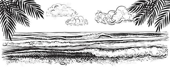 Panoramic beach view. Vector illustration of ocean or sea waves. Hand drawn.