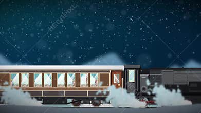 Seamless animation of cartoon train running through snowy winter scene atmosphere in christmas transportation concept in 4k loop