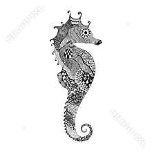 Zentangle stylized black Sea Horse. Hand Drawn