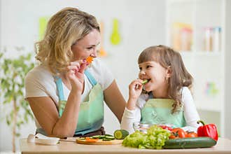 Kid girl and mother eating healthy food vegetables