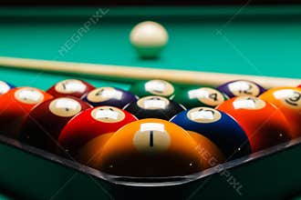 Billiard balls in a pool table.