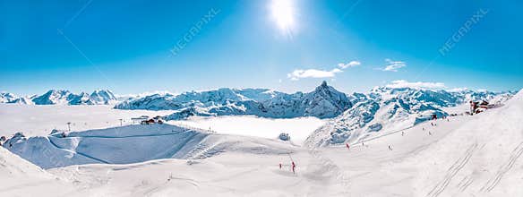 Panorama of Mountain Range winter Landscape in French Alps.