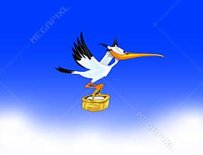 Stork carrying a child to parents