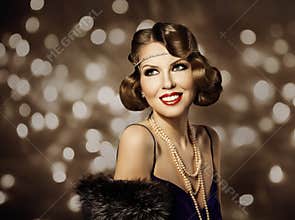 Woman Retro Hairstyle Portrait, Elegant Lady Make Up and Curly Hair Style