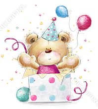 Teddy bear with the gift.Happy Birthday card