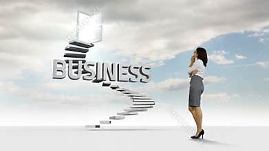 Businesswoman looking at steps with a floating word in the sky