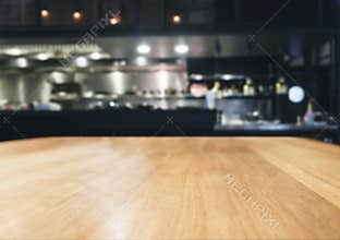 Table top with blurred kitchen interior background