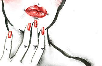 Woman portrait with hand .Abstract watercolor. Fashion illustration.