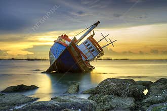 Shipwreck at sunset