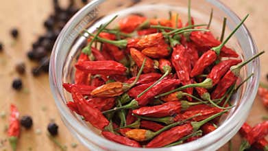 Red hot chili peppers in glass bowl - closeup