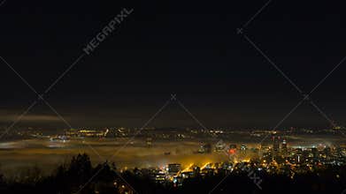Time Lapse Movie of Thick Dense Rolling Fog Over Downtown City of Portland Oregon with Snow Covered Mount Hood 1080p