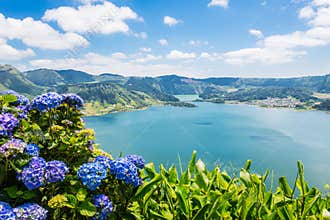 Lake of Sete Cidades with hortensia's, Azores