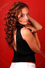 Woman with long curly hair