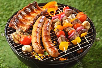 Assorted grilled meat on a summer barbecue