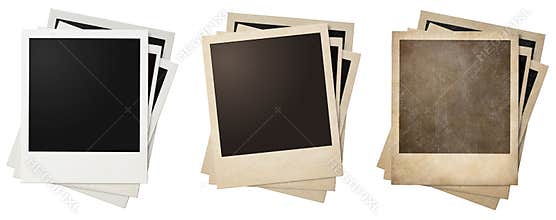 Old and new polaroid photo frames stacks isolated