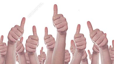 Group of Caucasian white People making Hand Thumbs Up sign as Like, Approval or Endorsement Concept