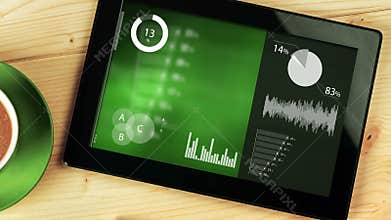 Various Animated Infographics Charts on Digital Tablet Computer Placed on Office Desk