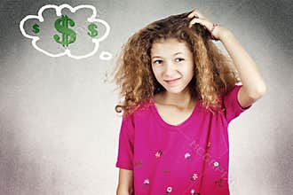 Little girl scratching head thinking how to make money