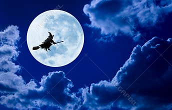 Halloween Witch Flying Moon Sky