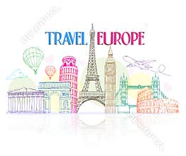 Colorful Travel Europe Hand Drawing with Famous Landmarks