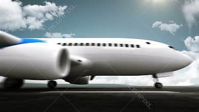 3D Airplane take off on a runway with airport in the background. travel.world tour 2.