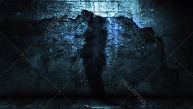 Shadow of Guitar Player Against Grunge Wall with Falling Debris