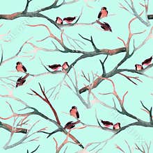 Watercolor birds on the tree branches