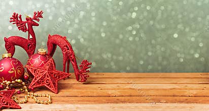 Christmas website banner background with decorations on wooden table