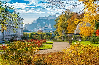 Famous Mirabell Gardens with historic Fortress in Salzburg, Austria