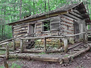Old Log house on hill in woods.