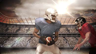 Serious american football player tackling for ball