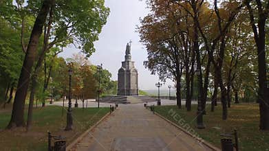 Saint Volodymyr Monument who christened Kievan Rus. Aerial filming.