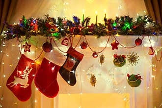 Christmas Fireplace, Family Hanging Socks, Xmas Lights Decoration, Tree Branches