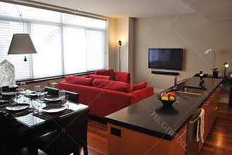 Modern apartment with open kitchen, living, dining