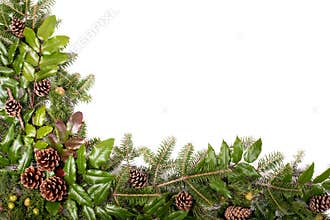 Christmas frame of pine tree branches - isolated on white