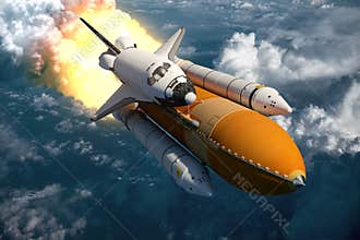 Space Shuttle Flying Over The Clouds
