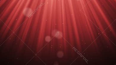 Festive volume light rays with glitter particles bokeh looped animated abstract cg motion red background.