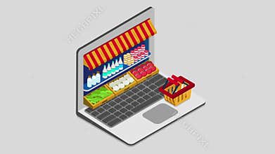 Laptop buy online grocery shopping e-commerce store flat 3d isometric animated concept electronic business sales.