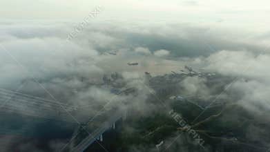Aerial view of Bridge Russky through the Strait of