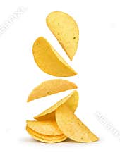 Potato chips falling in the air