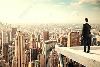 Businessman standing on the roof of a skyscraper and looking over the city at sunset