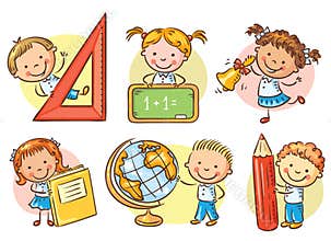 Set of cartoon school kids holding different school objects