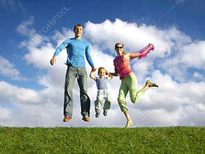 Fly happy family with clouds