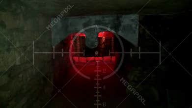 Dark old abandoned underground tunnel. Grunge vintage catacombs. Scary background for the quest military