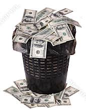A money is in a trash bucket.
