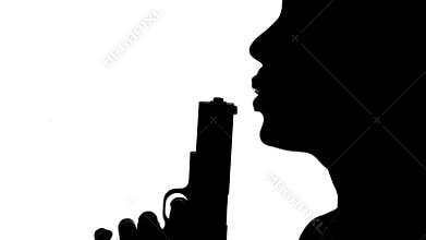 Person blowing on the barrel of a gun. Silhouette. White
