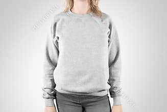 Blank sweatshirt mock up isolated. Female wear plain hoodie mockup.