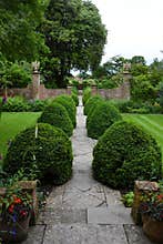 Topiary, Lawns, Path and Flower Borders, Tintinhull Garden, Somerset, England, UK