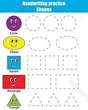 Handwriting practice sheet. Educational children game, kids activity. Learning shapes